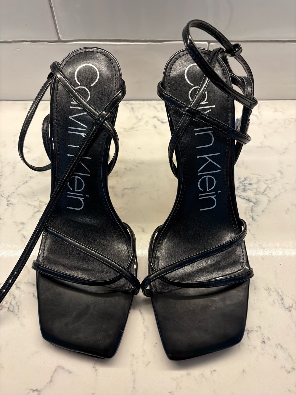 Calvin Klein Black Strappy Square-Front Lace-Up Heels